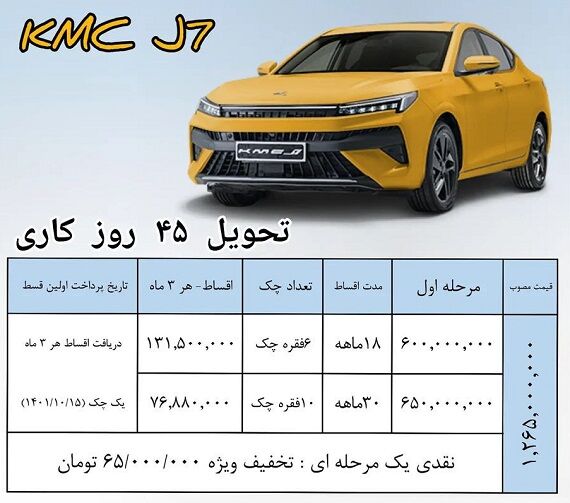 طرح فروش قسطی خودرو جدید KMC J7 ویژه شهریور 1401