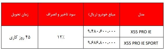 طرح فروش خودرو X55 پرو با قیمت جدید - آذر 1401