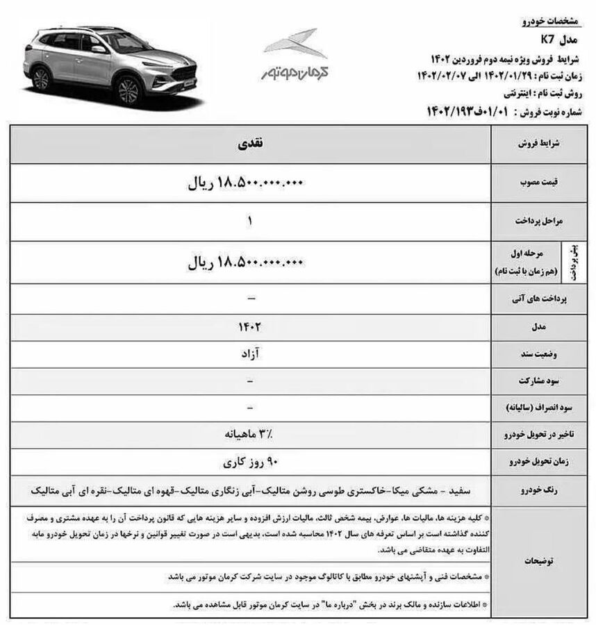 شرایط ثبت نام KMC K7 شرکت کرمان موتور