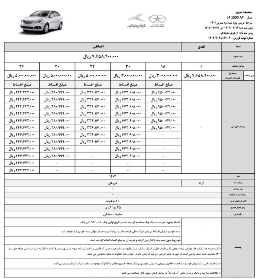 شرایط فروش نقد و اقساط جک J4 (شهریور 1402)
