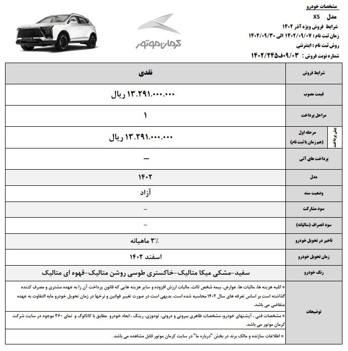 شرایط فروش خودرو جدید جک X5 (آذر 1402)
