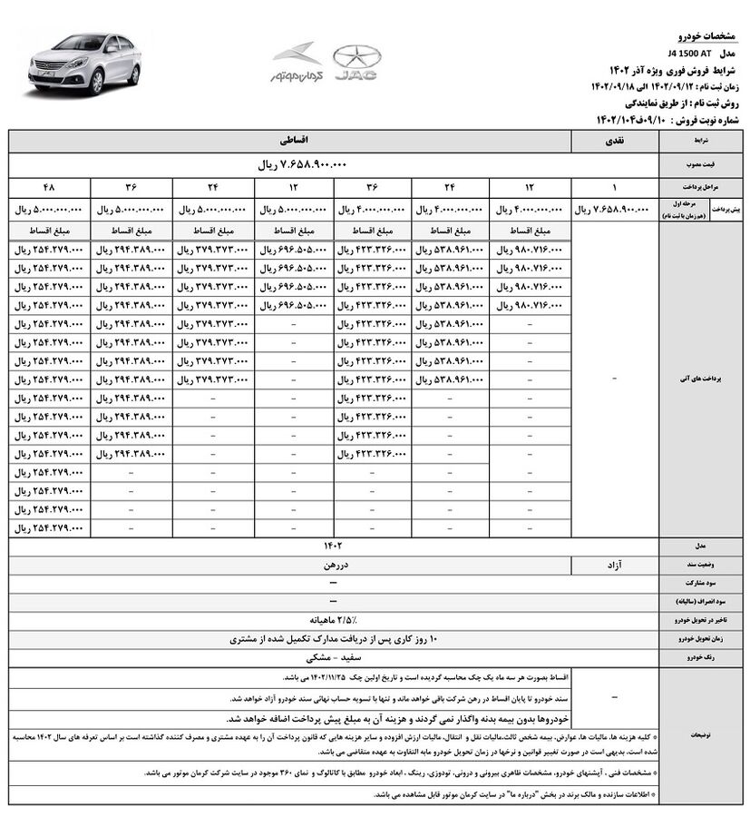 فروش اقساطی جک J4 با تحویل 10 روزه (آذر 1402)