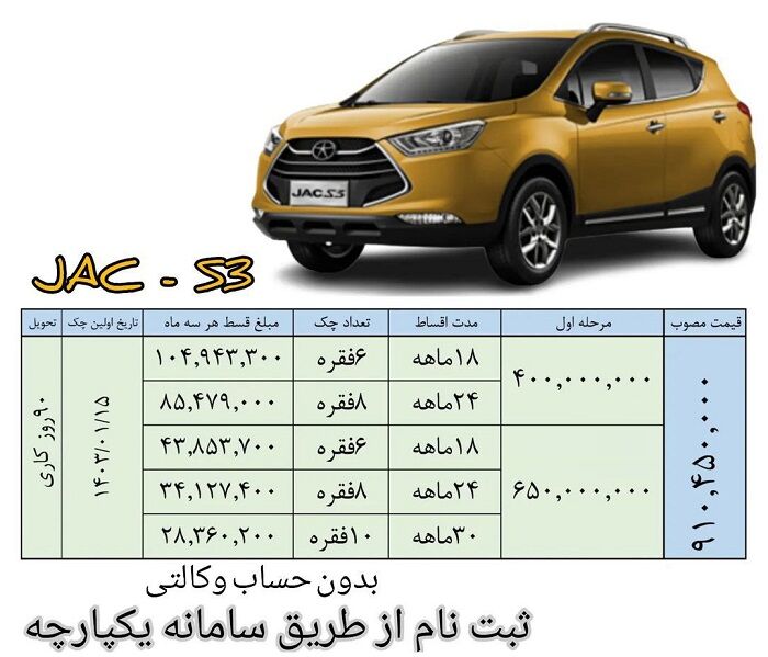 طرح جدید فروش جک S3 با اقساط بلند مدت (آذر 1402)
