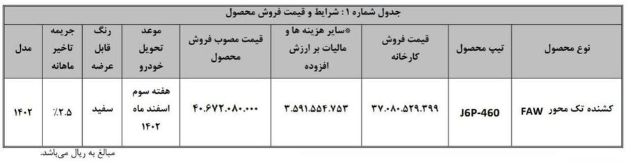 شرایط جدید فروش فاو 460 تک محور (دی 1402)