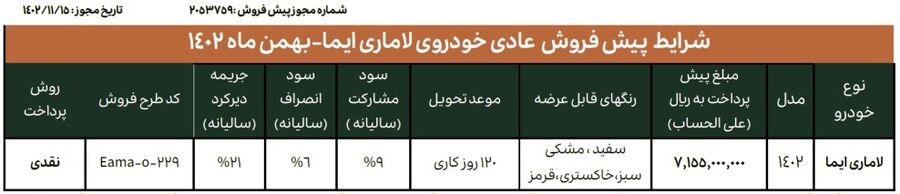 طرح پیش فروش خودرو لاماری ایما (بهمن 1402)