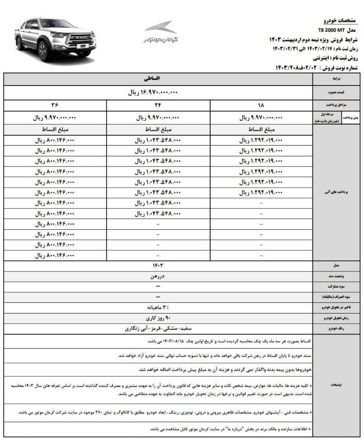 فروش اقساطی محصولات کرمان موتور (اردیبهشت 1403)
