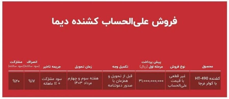 فروش کشنده دیما با قیمت غیرقطعی (اردیبهشت 1403)