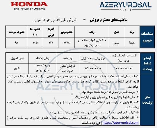 شرایط فروش هوندا سیتی 2023 اعلام شد (تیر 1403)
