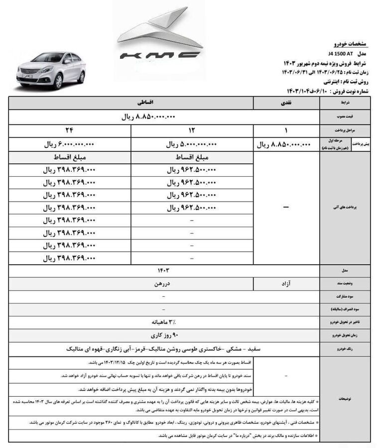 طرح جدید فروش اقساطی خودرو جک J4 (شهریور 1403)  