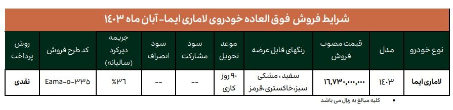 طرح فروش فوری لاماری ایما (آبان 1403)
