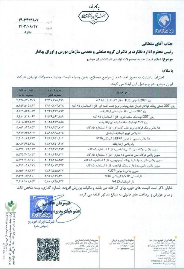 ایران‌ خودرو و سایپا مجوز افزایش قیمت گرفتند +جداول قیمت‌های جدید