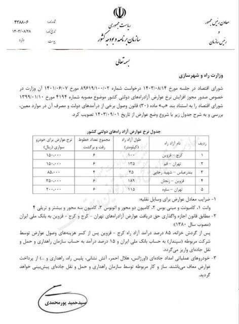 نرخ آزادراه تهران -قم ۱۵ هزارتومان و تهران _ساوه ۲۰ هزارتومان 