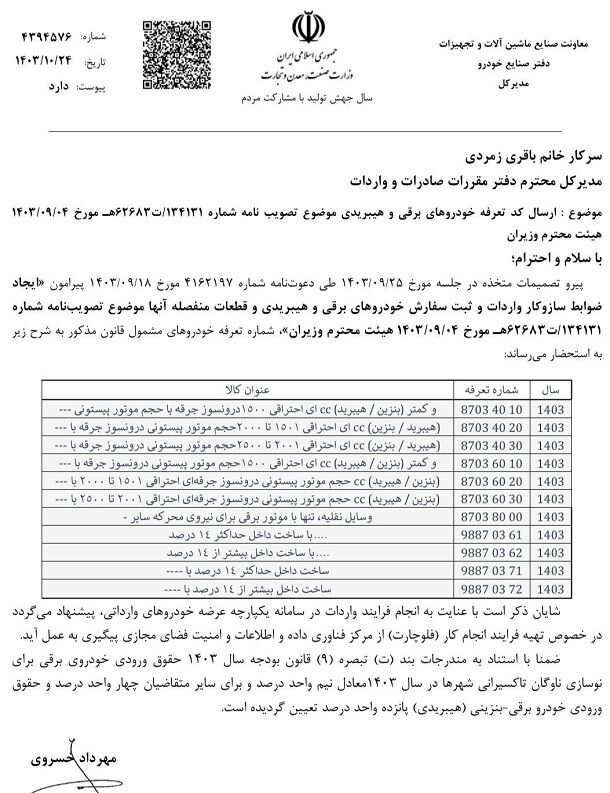 کد تعرفه