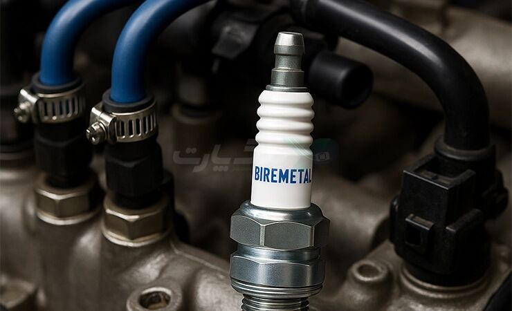 تصویر کلوزآپ از نوک شمع ایریدیوم مخصوص CNG روی میز مکانیک با پسزمینه موتور خودرو دوگانهسوز جزئیات دقیق و کیفیت ساخت