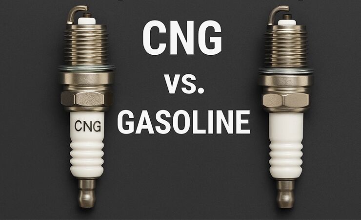 اینفوگرافیک مقایسه شمع معمولی نیکلی با شمع مخصوص گاز CNG – تفاوت در عمر مفید، کیفیت جرقه و کارایی در خودروهای دوگانه‌سوز