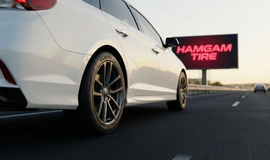 لاستیک کومهو روی خودروی سدان در جاده با پسزمینه تبلیغات همگام تایر