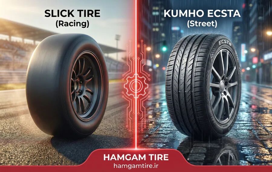 مقایسه لاستیک اسلیک مسابقه‌ای با تایر شهری کومهو اکستا