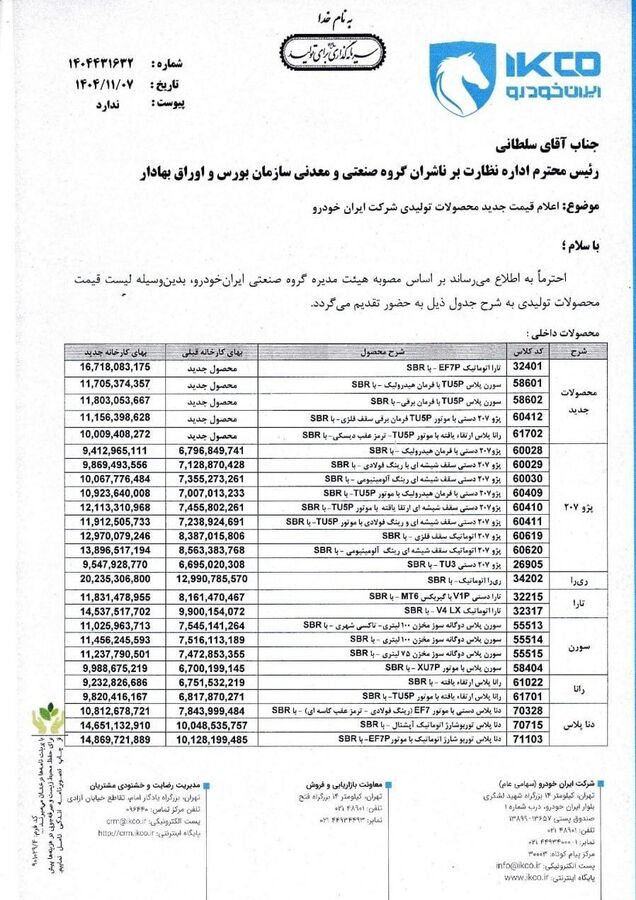 قیمت جدید محصولات